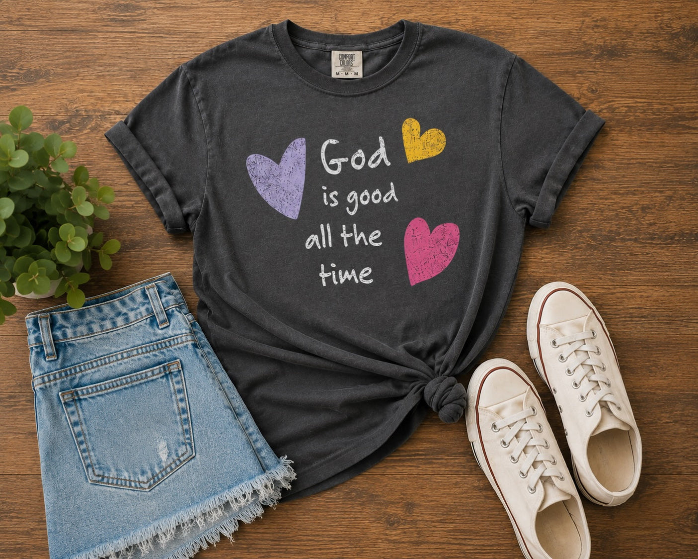Second Born Art God Is Good All the Time Christian t-shirt in graphite styled with denim shorts and sneakers