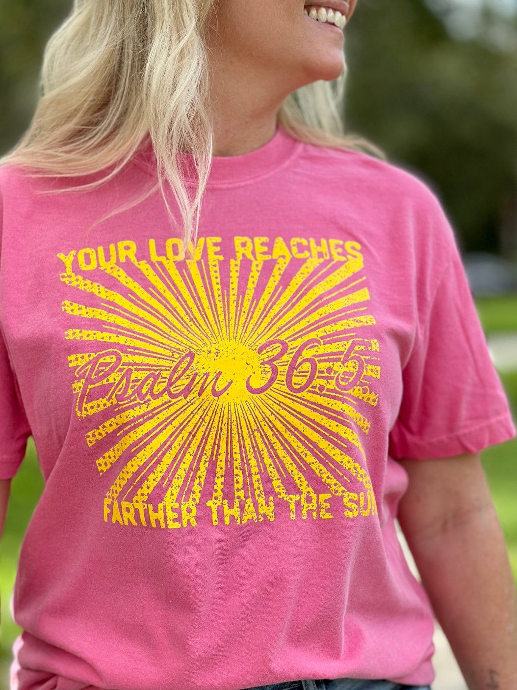 Farther than the Sun Psalm 36:5 Christian t-shirt on Comfort Colors Crunchberry