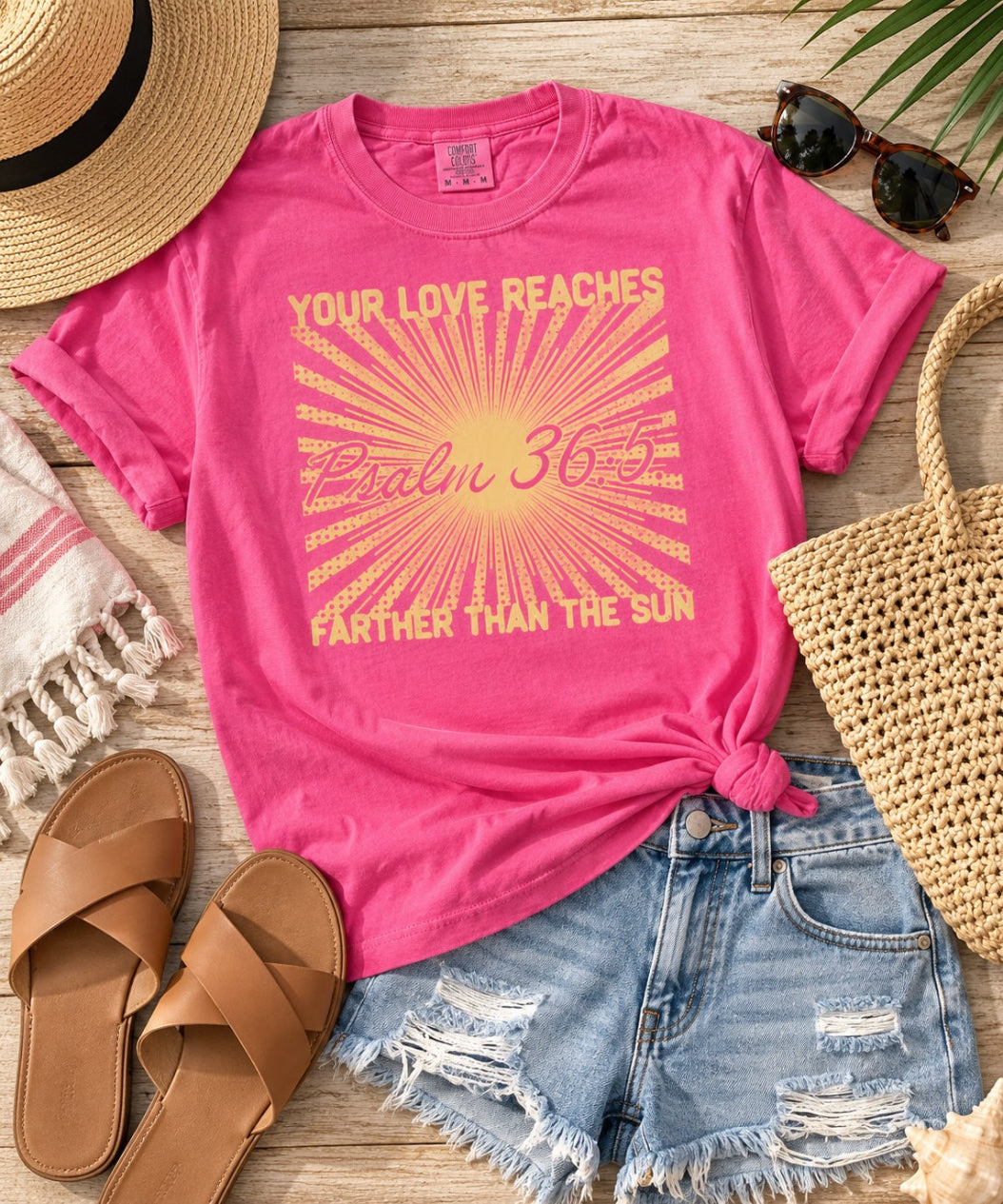 Farther than the Sun Psalm 36:5 Crunchberry t-shirt styled with denim shorts and summer accessories