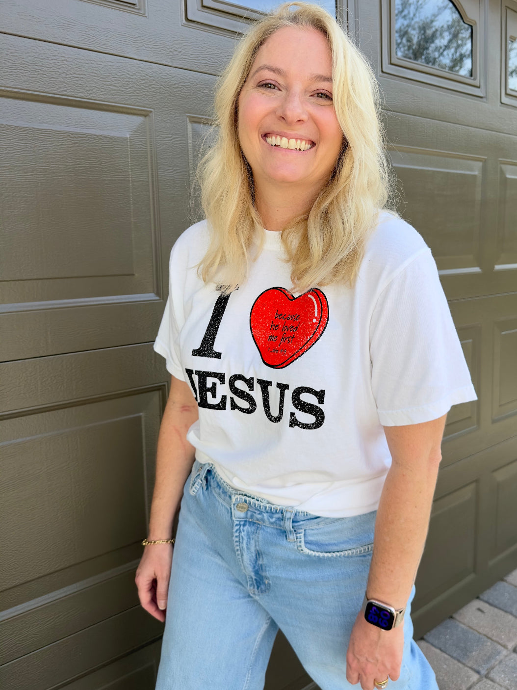 I Love Jesus Christian t-shirt with red heart and distressed black lettering on white Comfort Colors tee
