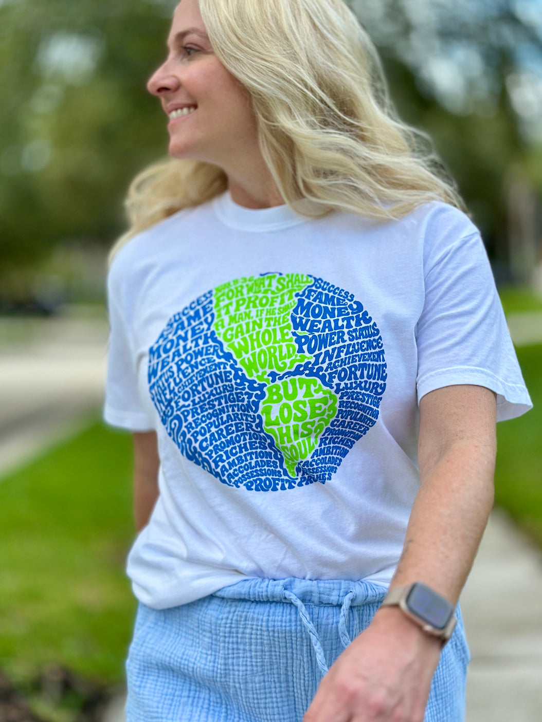 What Does It Profit Mark 8:36 Christian t-shirt with blue and green globe design