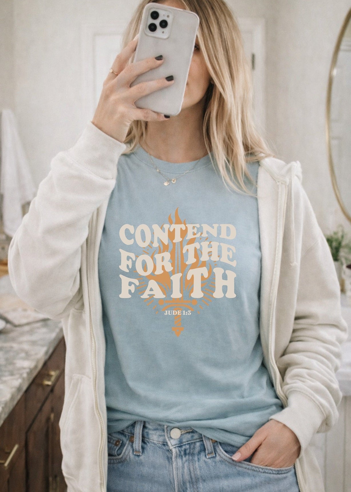 Second Born Art Contend for the Faith Flame Christian t-shirt shown on female model in agave