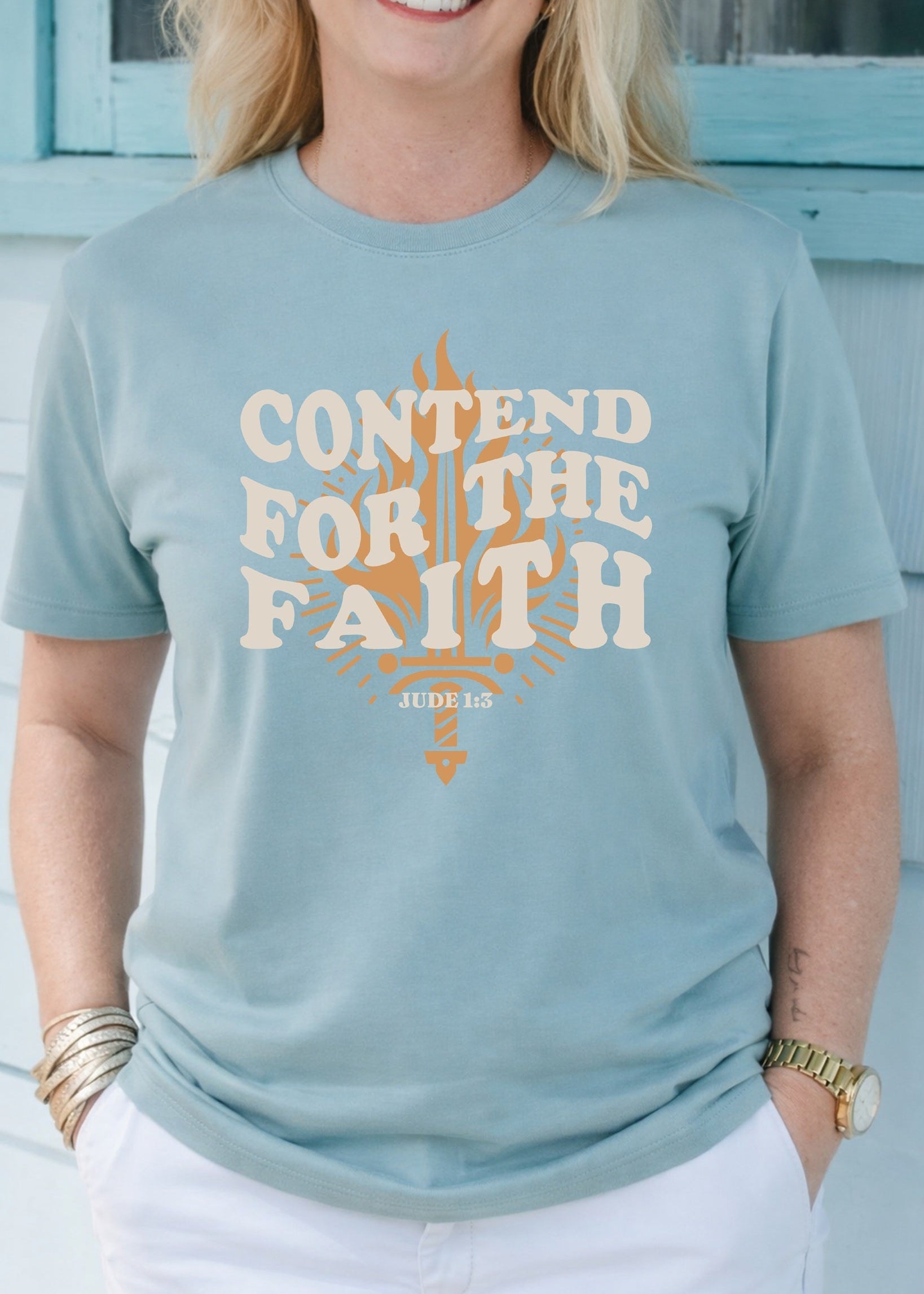 Second Born Art Christian t-shirt featuring the Contend for the Faith Flame design inspired by Jude 1:3