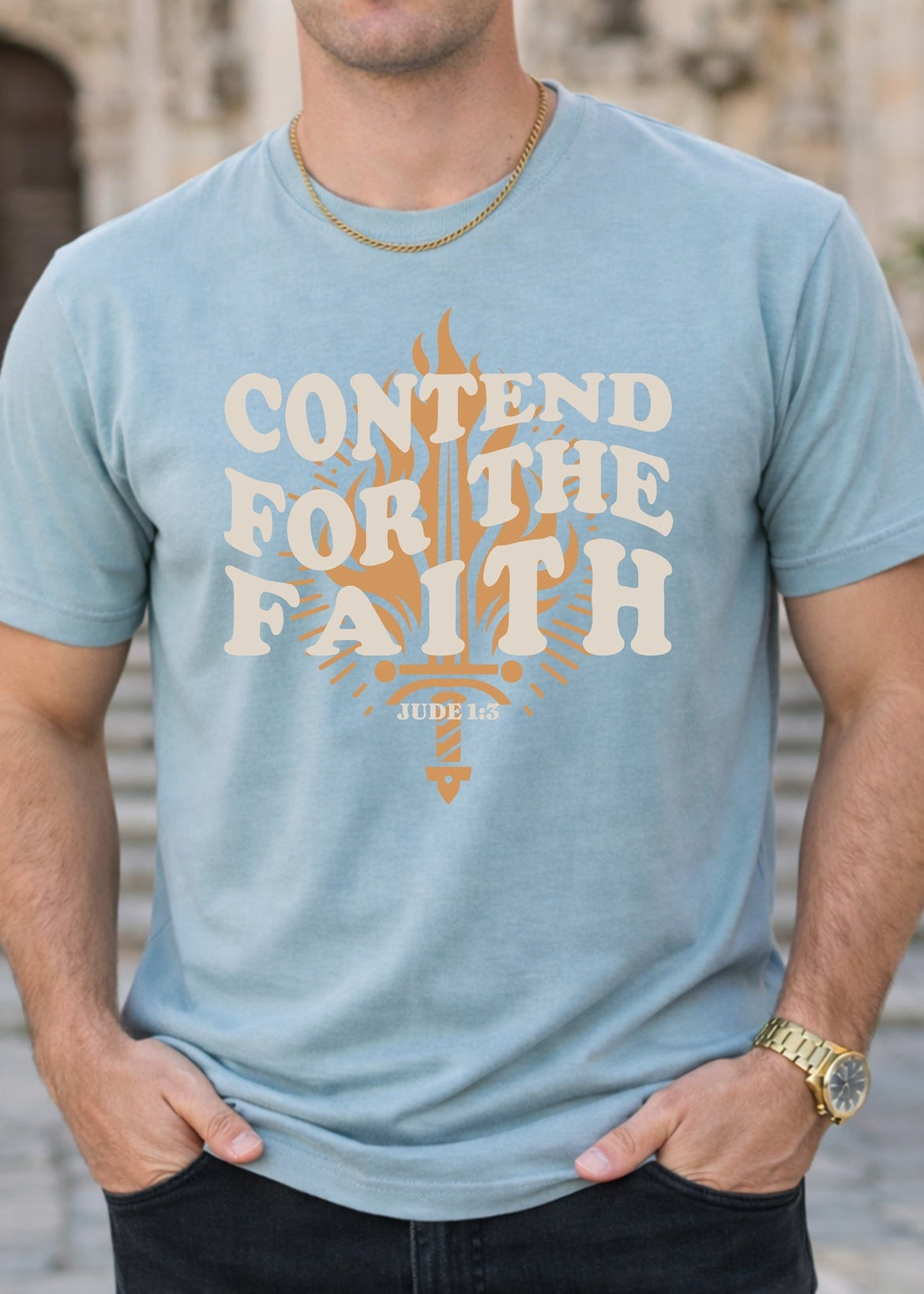 Second Born Art Contend for the Faith Flame Christian t-shirt shown on male model in agave