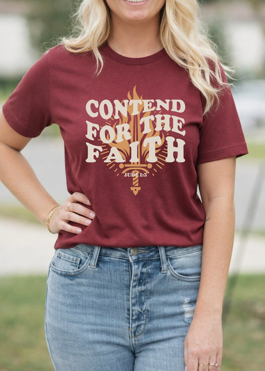 Second Born Art Christian t-shirt featuring the Contend for the Faith Flame design inspired by Jude 1:3