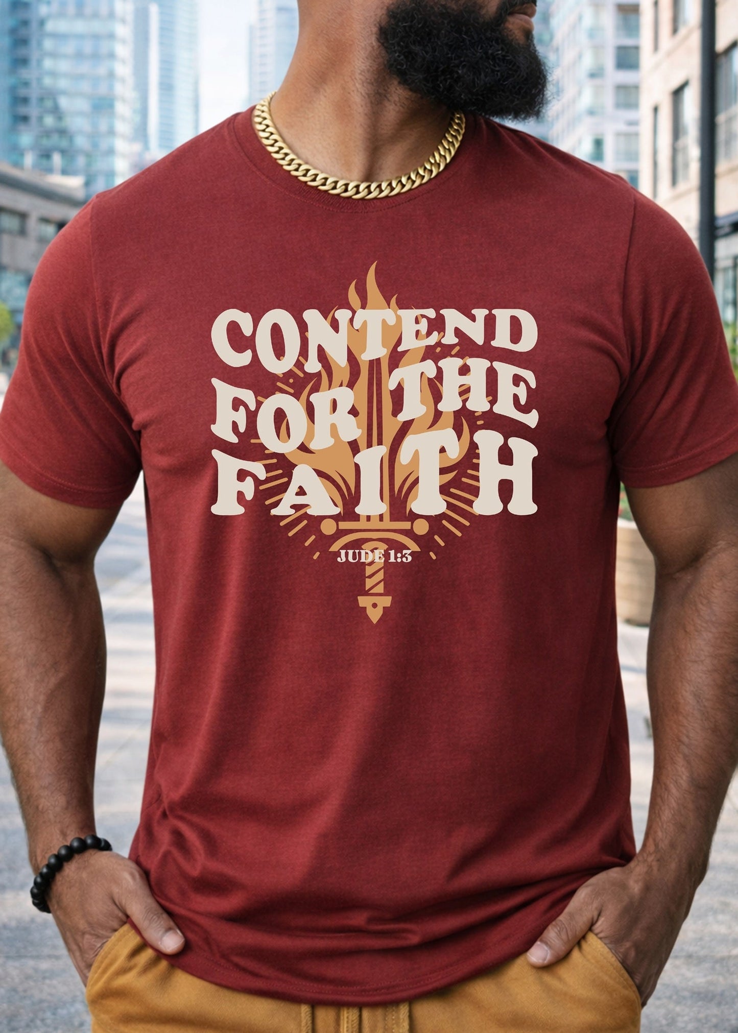Second Born Art Contend for the Faith Flame Christian t-shirt shown on male model in brick red