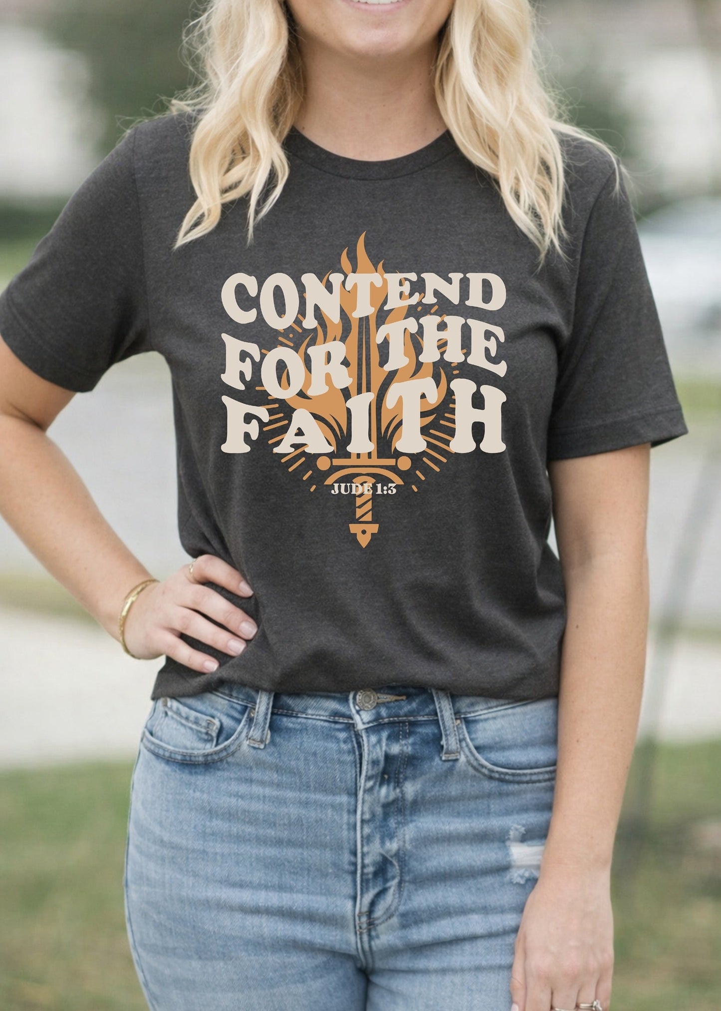 Second Born Art Christian t-shirt featuring the Contend for the Faith Flame design inspired by Jude 1:3