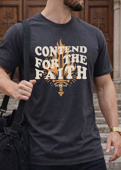 Second Born Art Contend for the Faith Flame Christian t-shirt shown on male model in charcoal heather