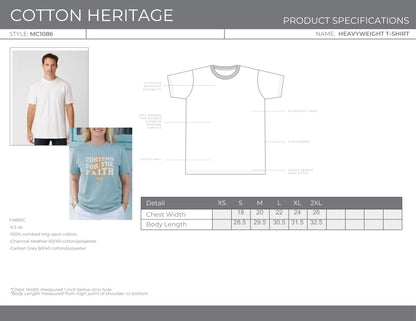 Size chart for Second Born Art Contend for the Faith Flame heavyweight t-shirt showing chest width and body length measurements S–2XL