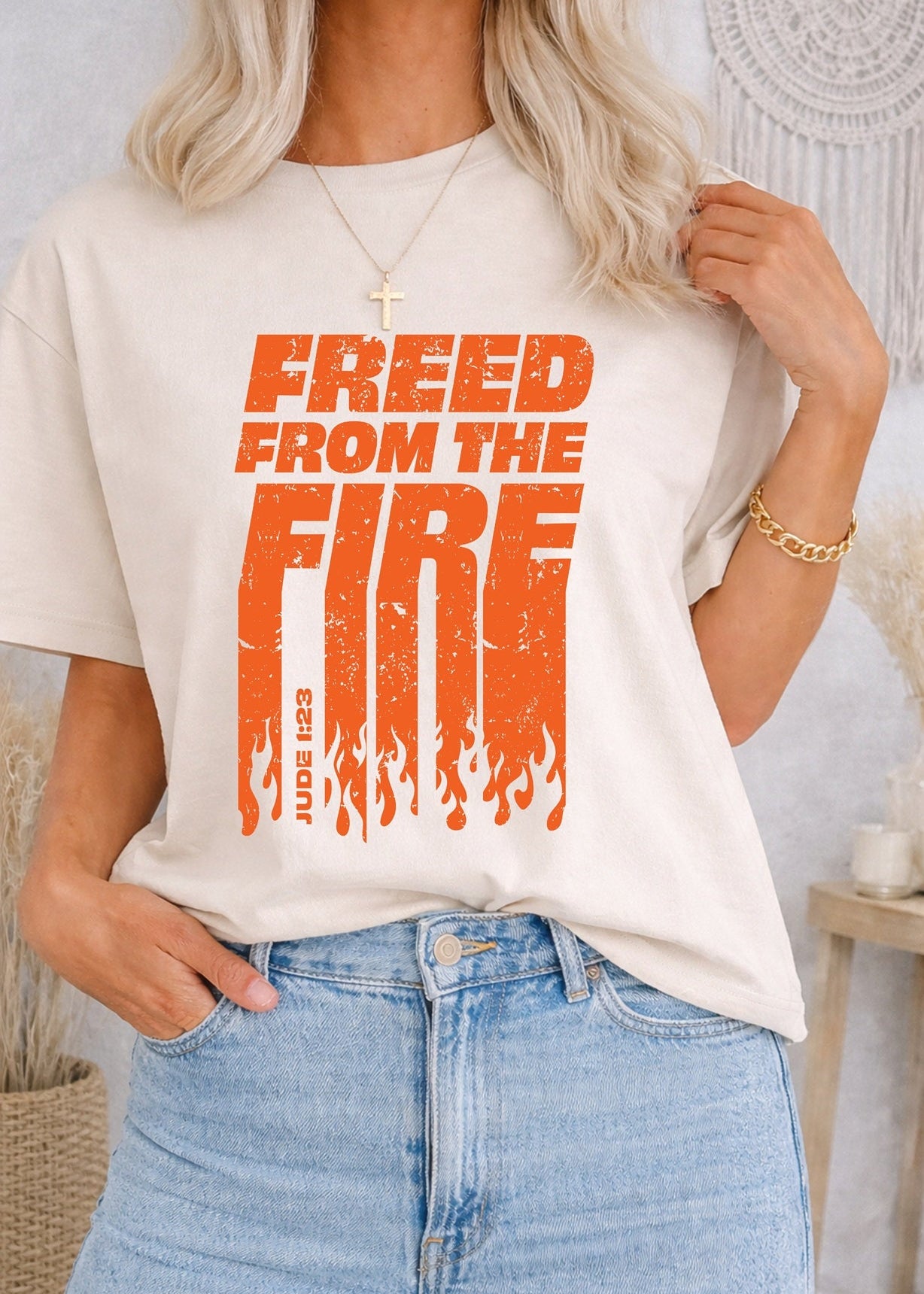 Second Born Art Freed from the Fire Christian t-shirt shown on female model in bone