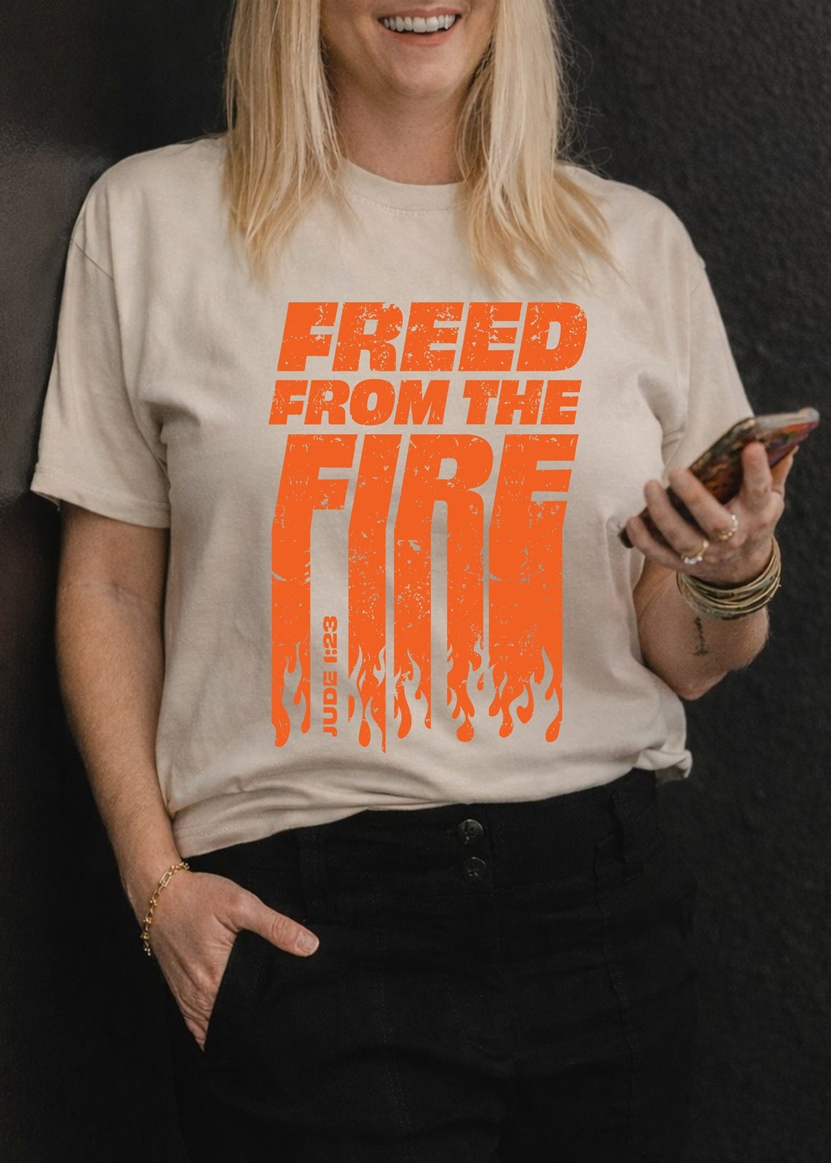 Second Born Art Christian t-shirt featuring the Freed from the Fire design inspired by Jude 1:23