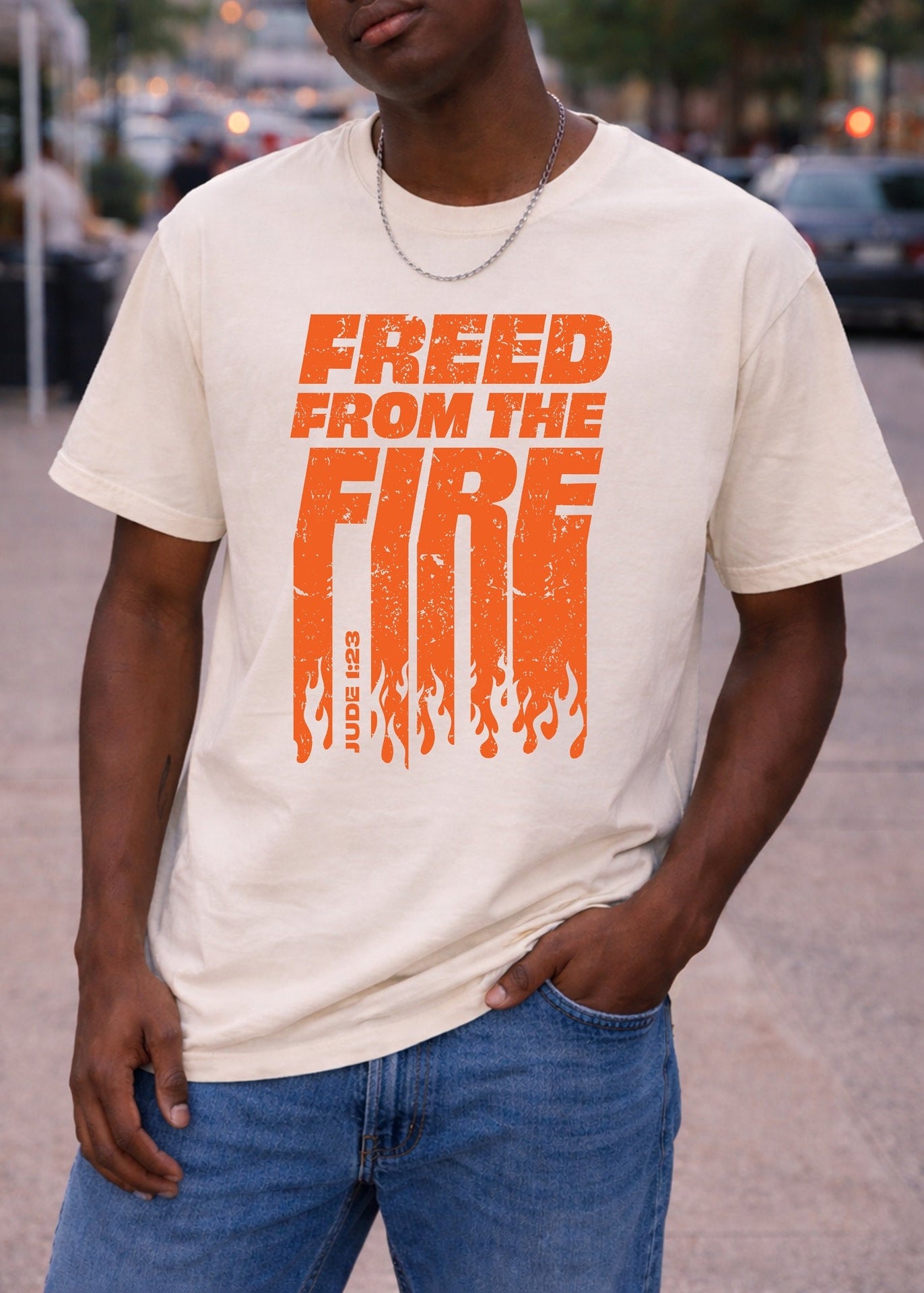 Second Born Art Freed from the Fire Christian t-shirt shown on male model in bone