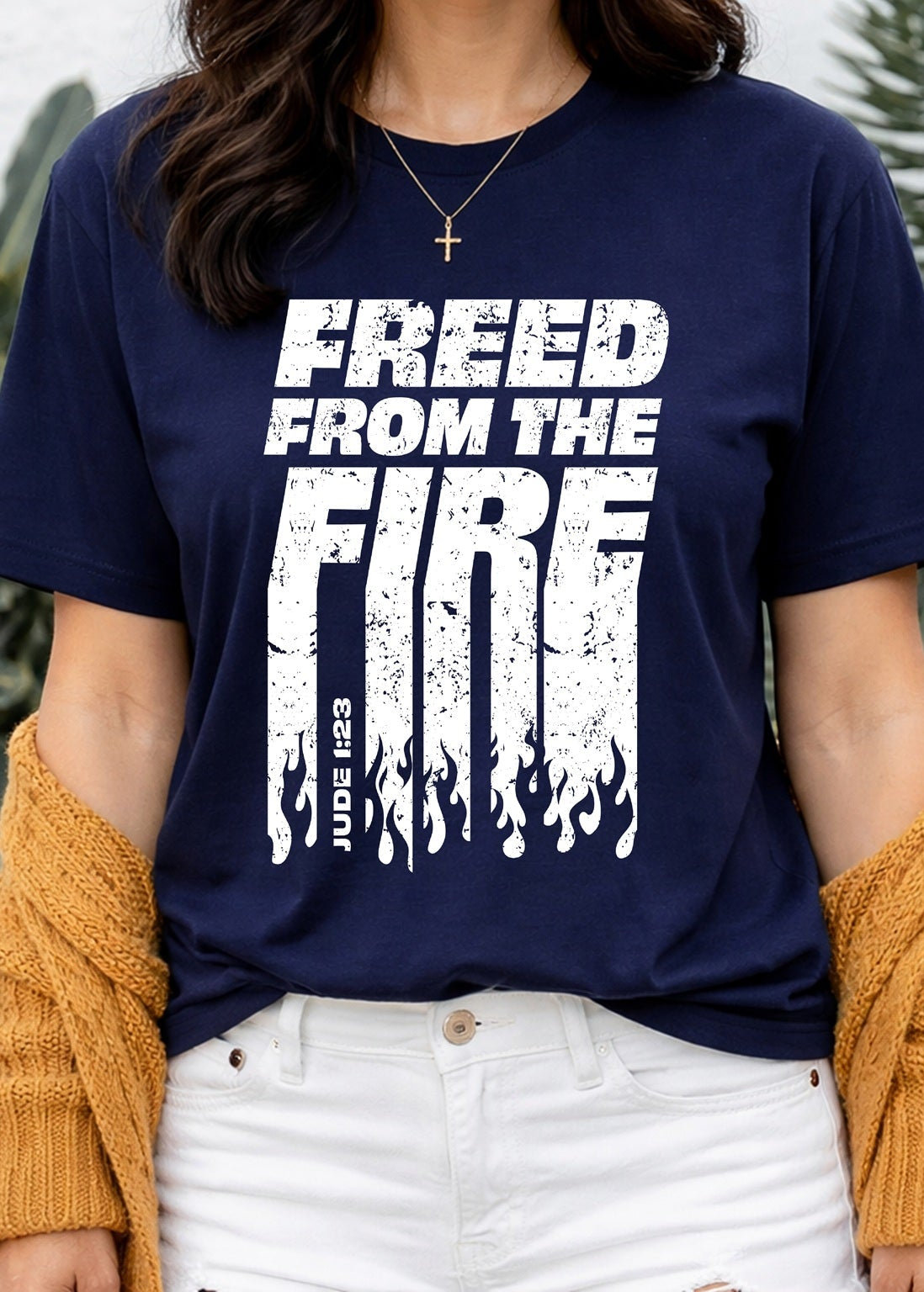 Second Born Art Freed from the Fire Christian t-shirt shown on female model in navy blazer