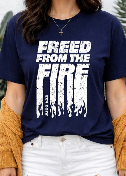 Second Born Art Freed from the Fire Christian t-shirt shown on female model in navy blazer