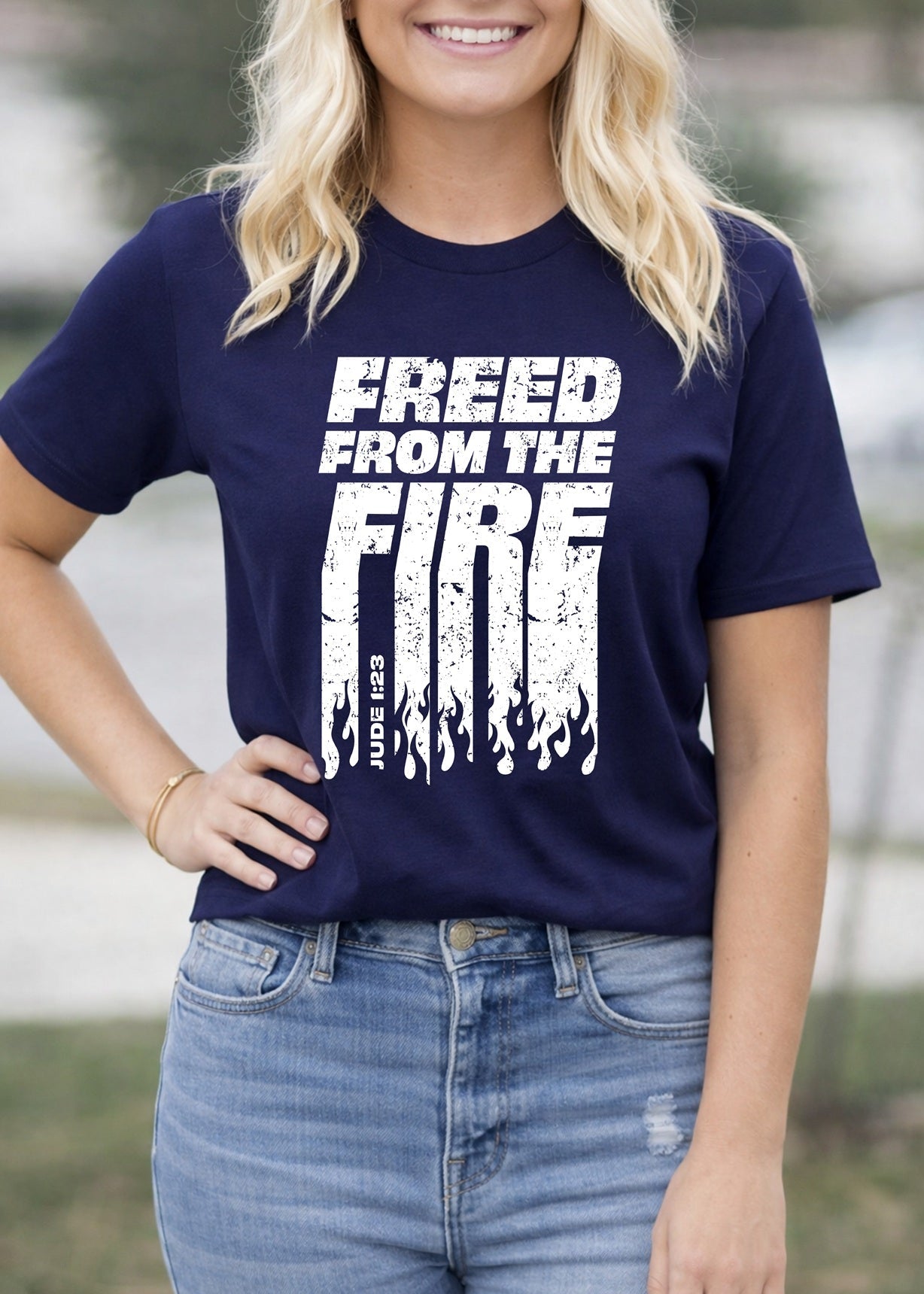 Second Born Art Christian t-shirt featuring the Freed from the Fire design inspired by Jude 1:23