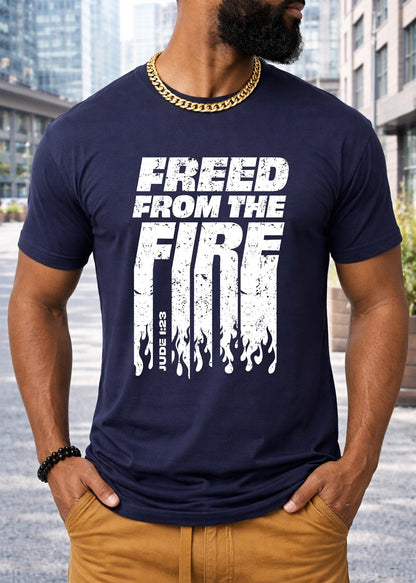 Second Born Art Freed from the Fire Christian t-shirt shown on male model in navy blazer