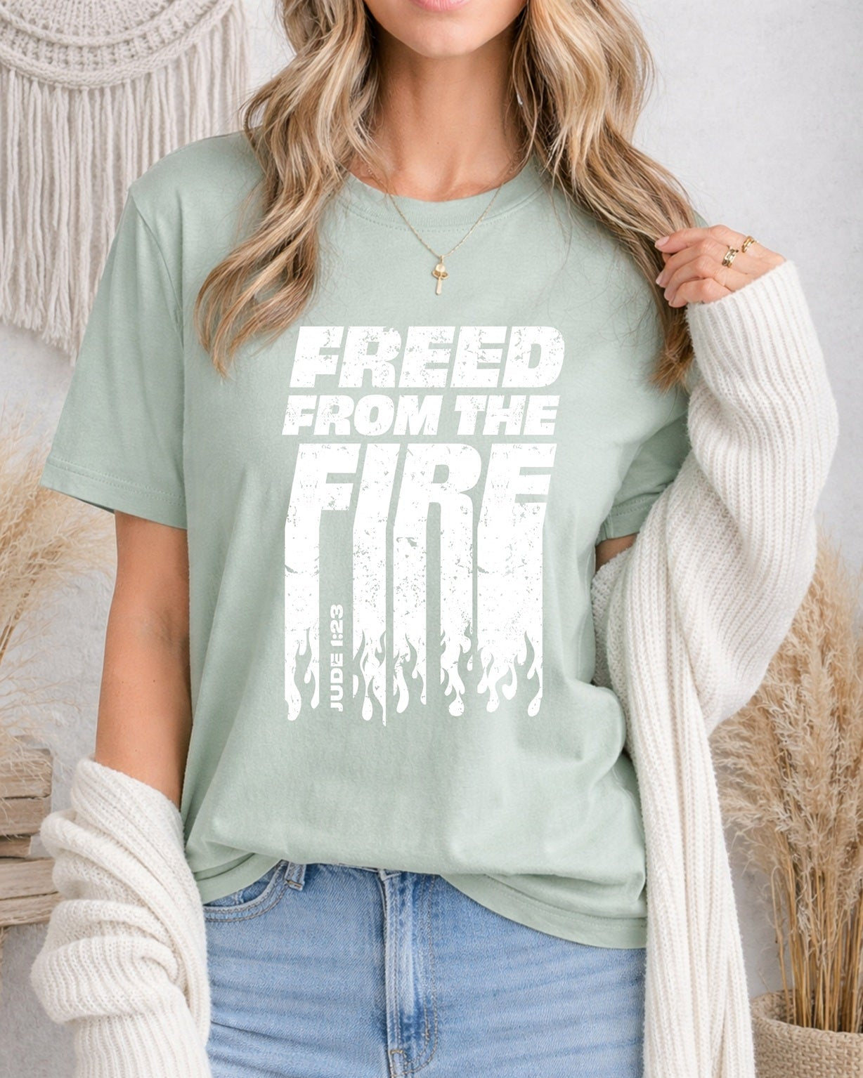 Second Born Art Freed from the Fire Christian t-shirt shown on female model in seafoam