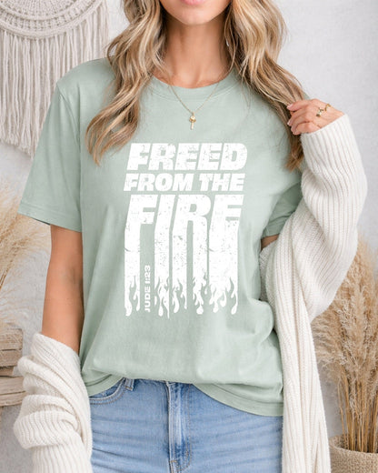 Second Born Art Freed from the Fire Christian t-shirt shown on female model in seafoam