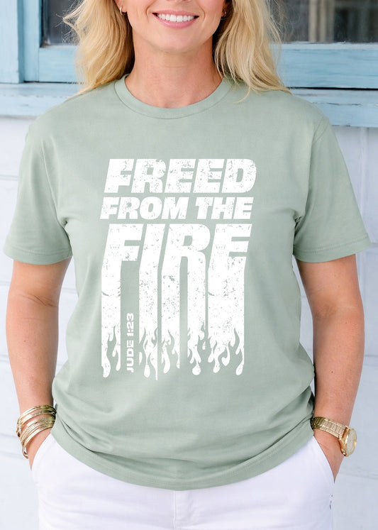 Second Born Art Christian t-shirt featuring the Freed from the Fire design inspired by Jude 1:23