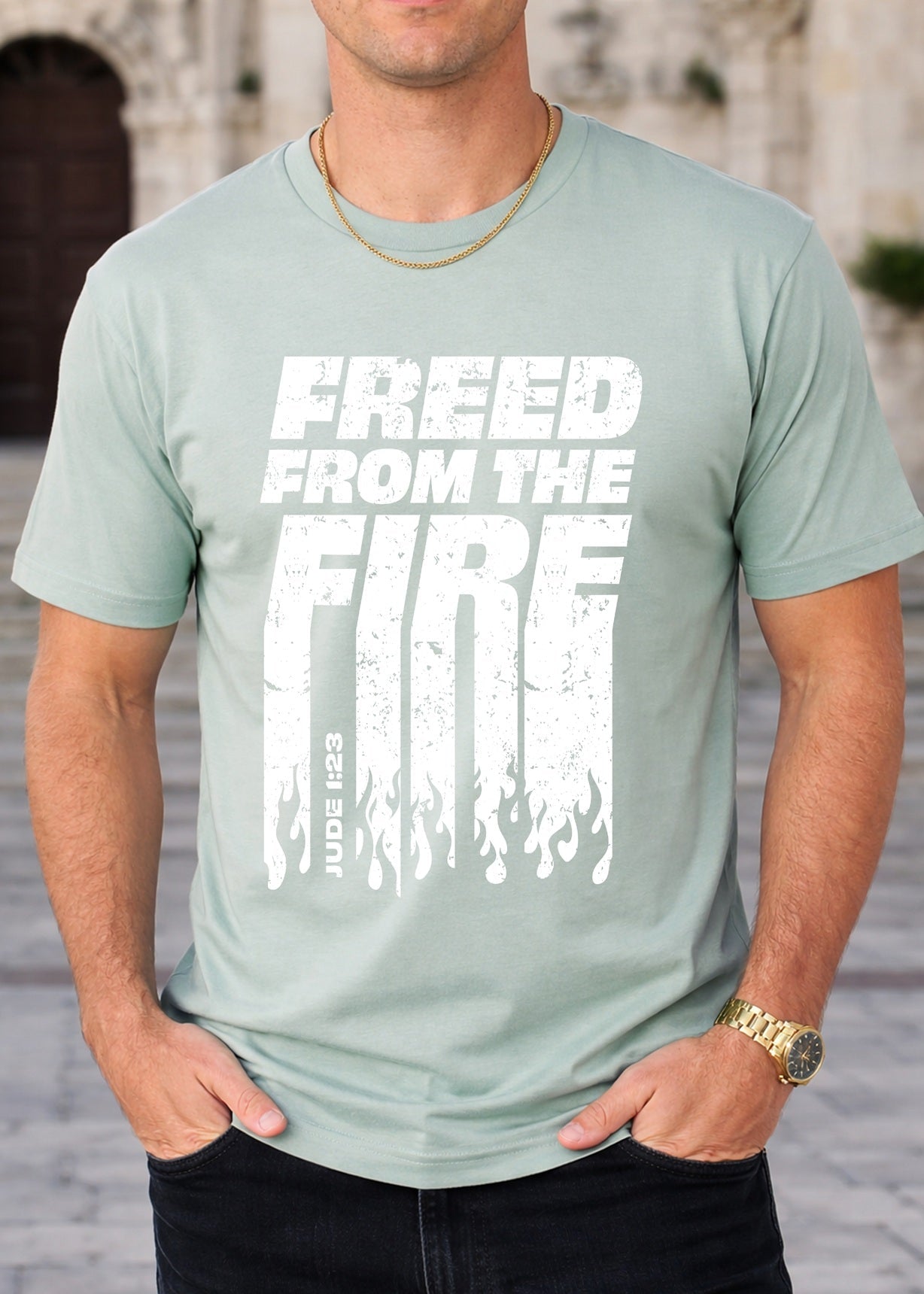 Second Born Art Freed from the Fire Christian t-shirt shown on male model in seafoam