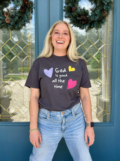 Second Born Art God Is Good All the Time Christian t-shirt in graphite shown on female model