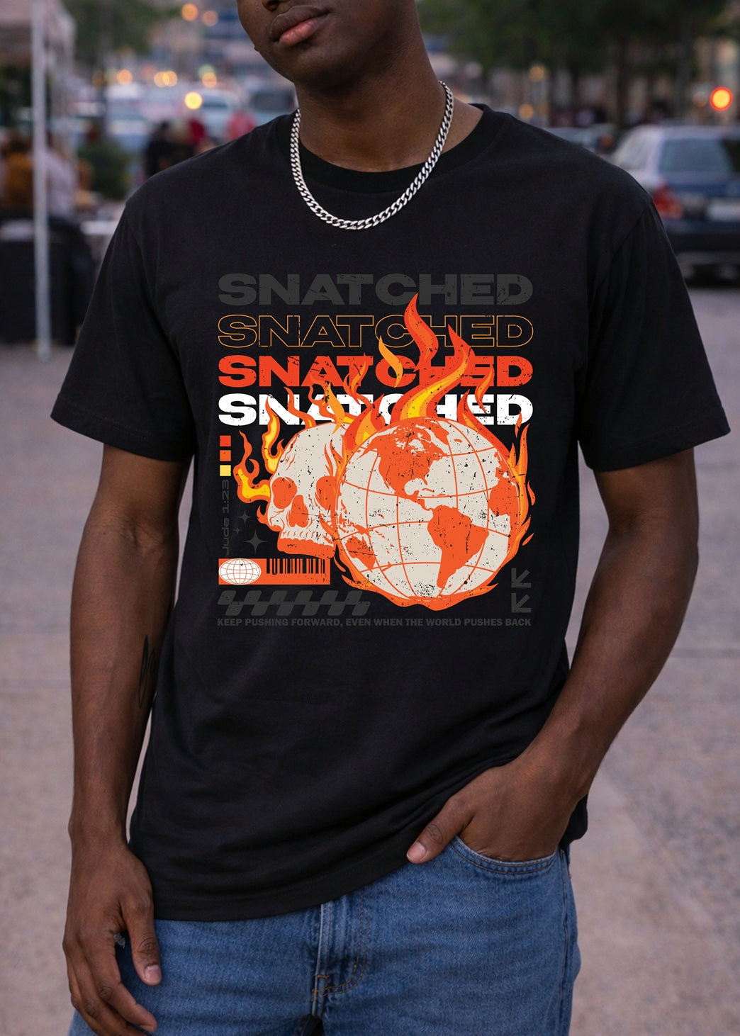 Second Born Art Snatched from the Fire Christian t-shirt shown on male model in black