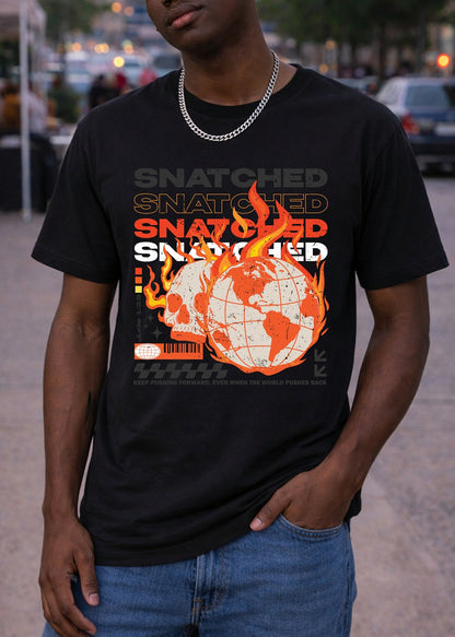 Second Born Art Snatched from the Fire Christian t-shirt shown on male model in black