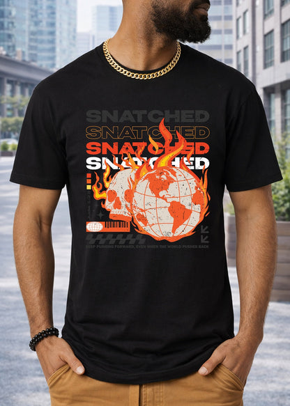 Second Born Art Snatched from the Fire Christian t-shirt shown on male model in black