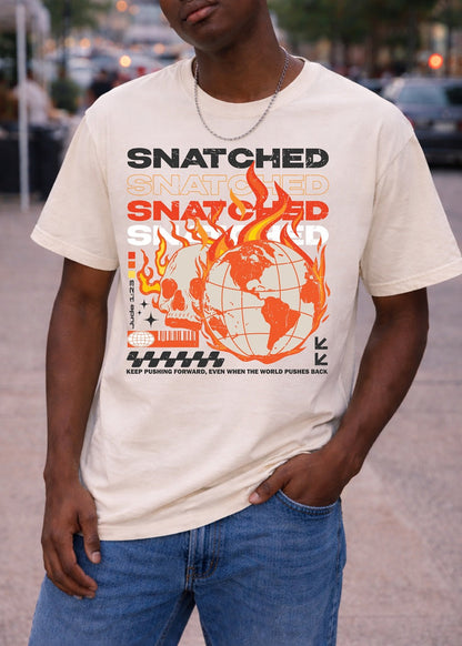 Second Born Art Snatched from the Fire Christian t-shirt shown on male model in bone