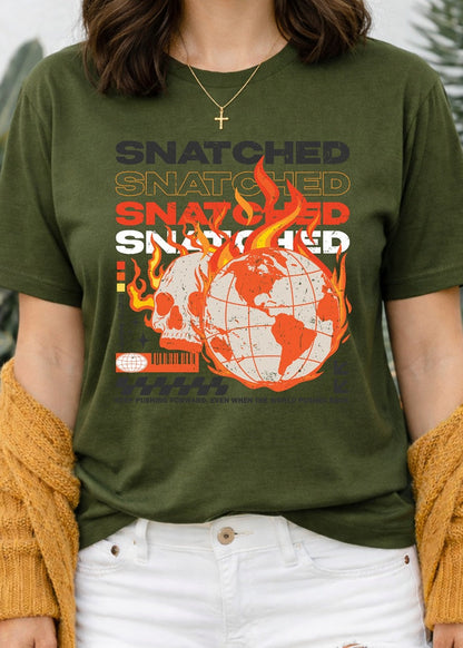 Second Born Art Snatched from the Fire Christian t-shirt shown on female model in military green