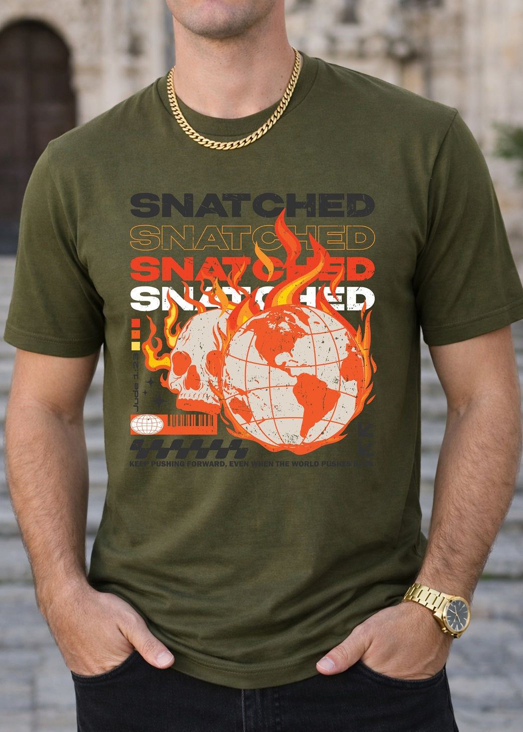 Second Born Art Snatched from the Fire Christian t-shirt shown on male model in military green