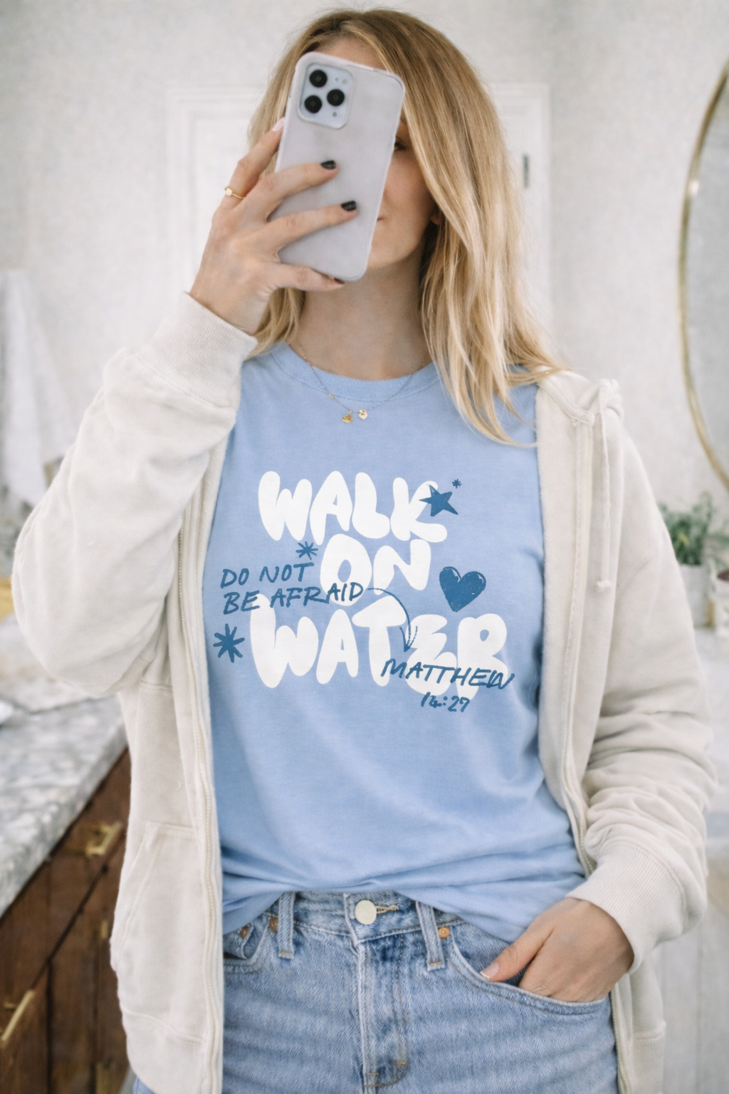 Second Born Art Walk on Water Do Not Be Afraid Christian Comfort Colors t-shirt shown on female model in chambray