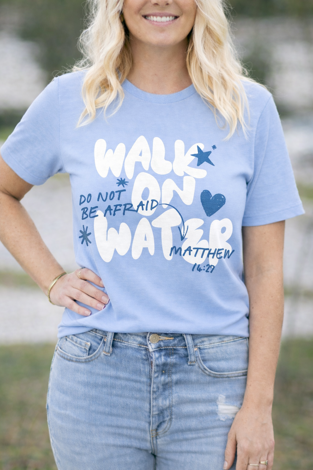 Second Born Art Christian t-shirt featuring the Walk on Water Do Not Be Afraid design inspired by Matthew 14:27