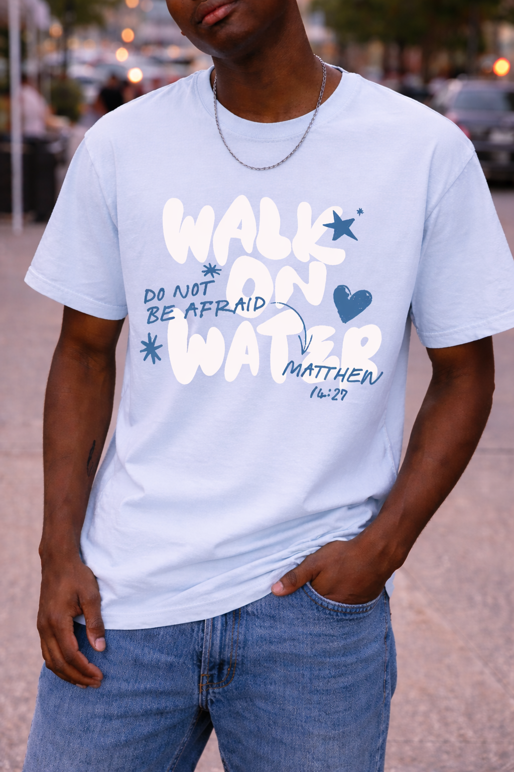 Second Born Art Walk on Water Do Not Be Afraid Christian Comfort Colors t-shirt shown on male model in chambray