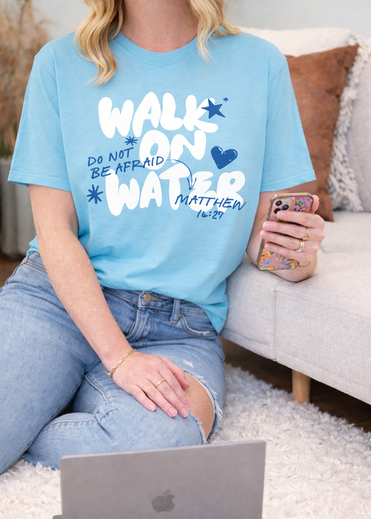 Second Born Art Christian t-shirt featuring the Walk on Water Do Not Be Afraid design inspired by Matthew 14:27