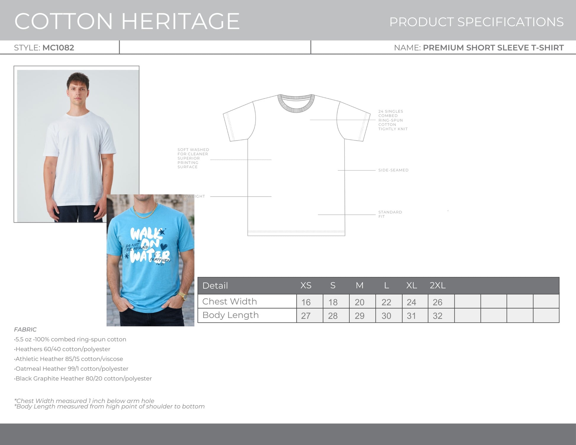 Size chart for Second Born Art Walk on Water Do Not Be Afraid premium t-shirt showing chest width and body length measurements XS–2XL