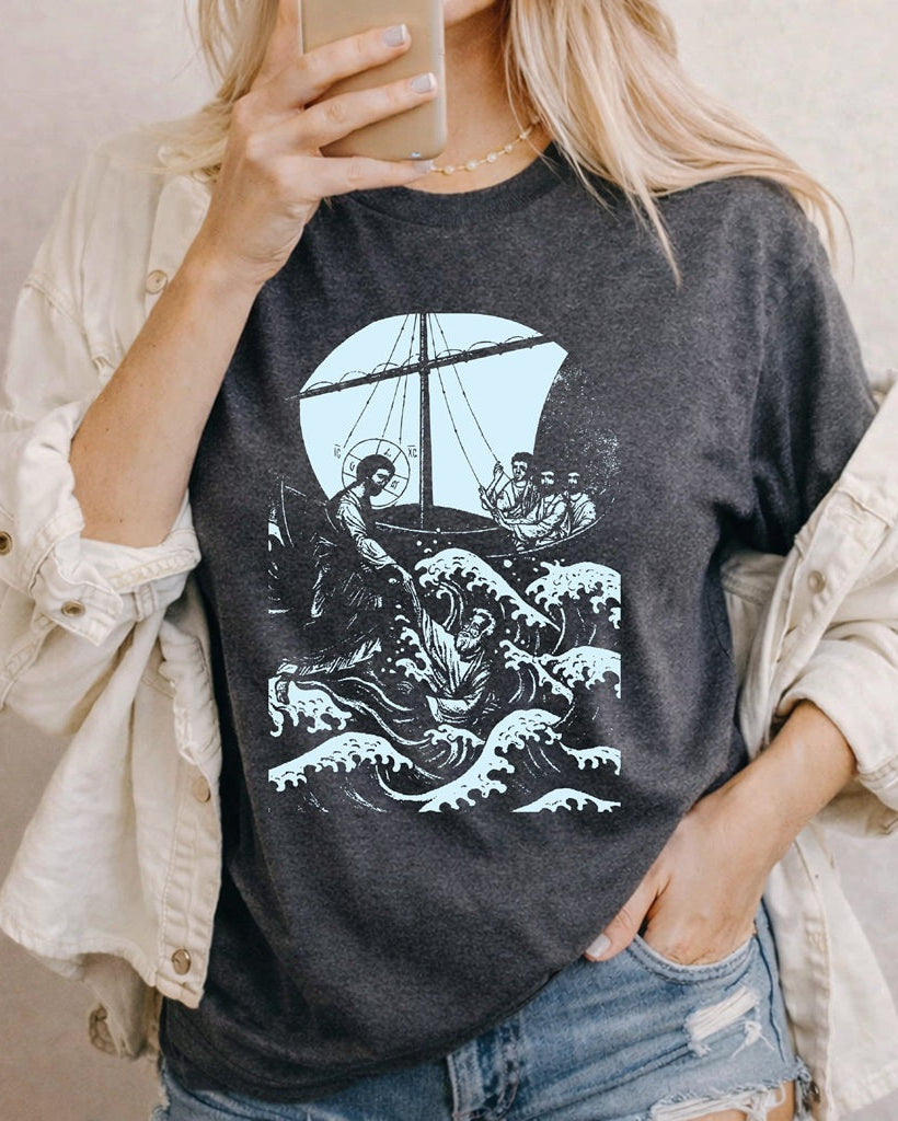 Second Born Art Walk on Water Reach Christian t-shirt shown on female model in charcoal heather