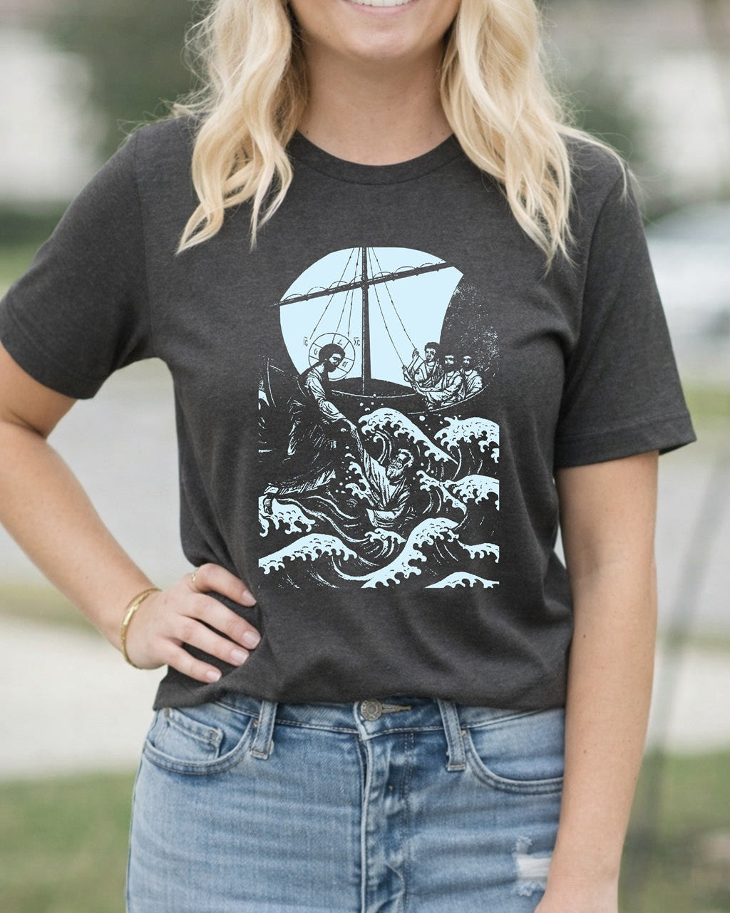 Second Born Art Christian t-shirt featuring the Walk on Water Reach design inspired by Matthew 14:27