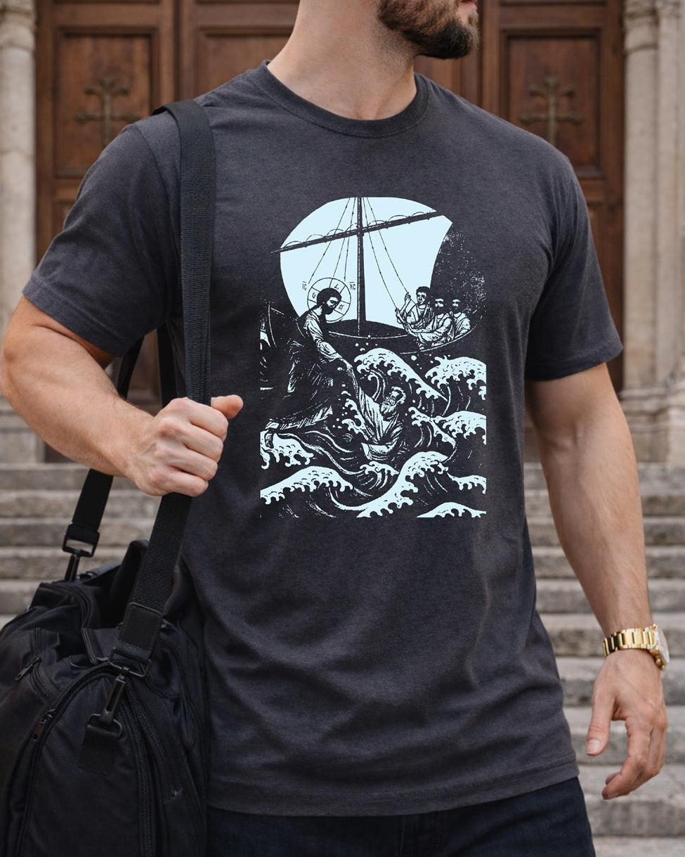 Second Born Art Walk on Water Reach Christian t-shirt shown on male model in charcoal heather