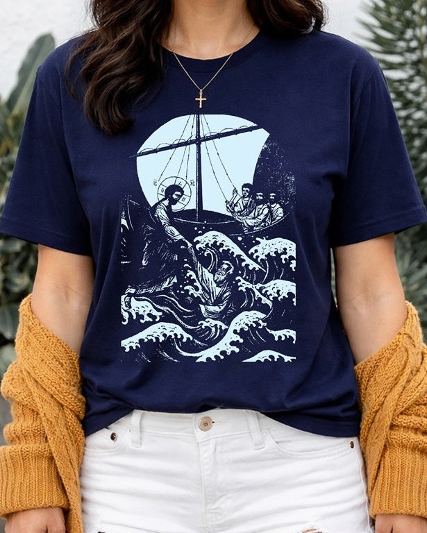 Second Born Art Walk on Water Reach Christian t-shirt shown on female model in navy blazer