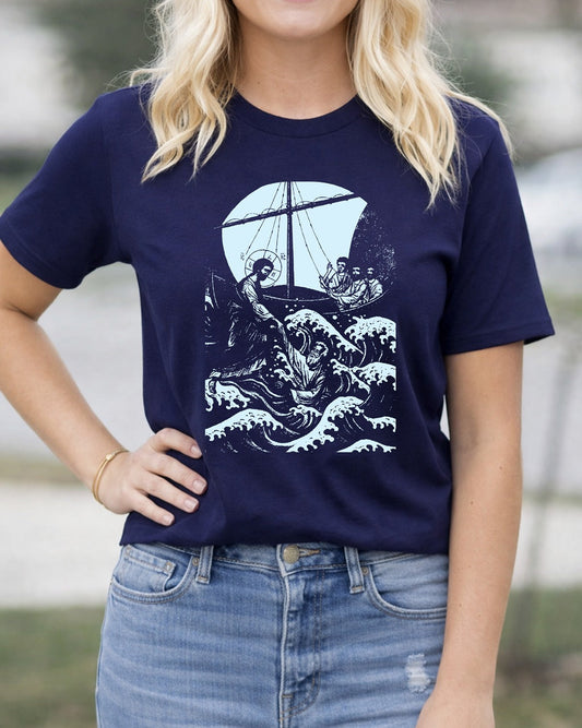 Second Born Art Christian t-shirt featuring the Walk on Water Reach design inspired by Matthew 14:27