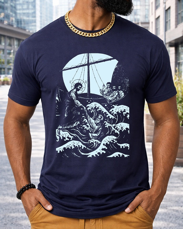 Second Born Art Walk on Water Reach Christian t-shirt shown on male model in navy blazer