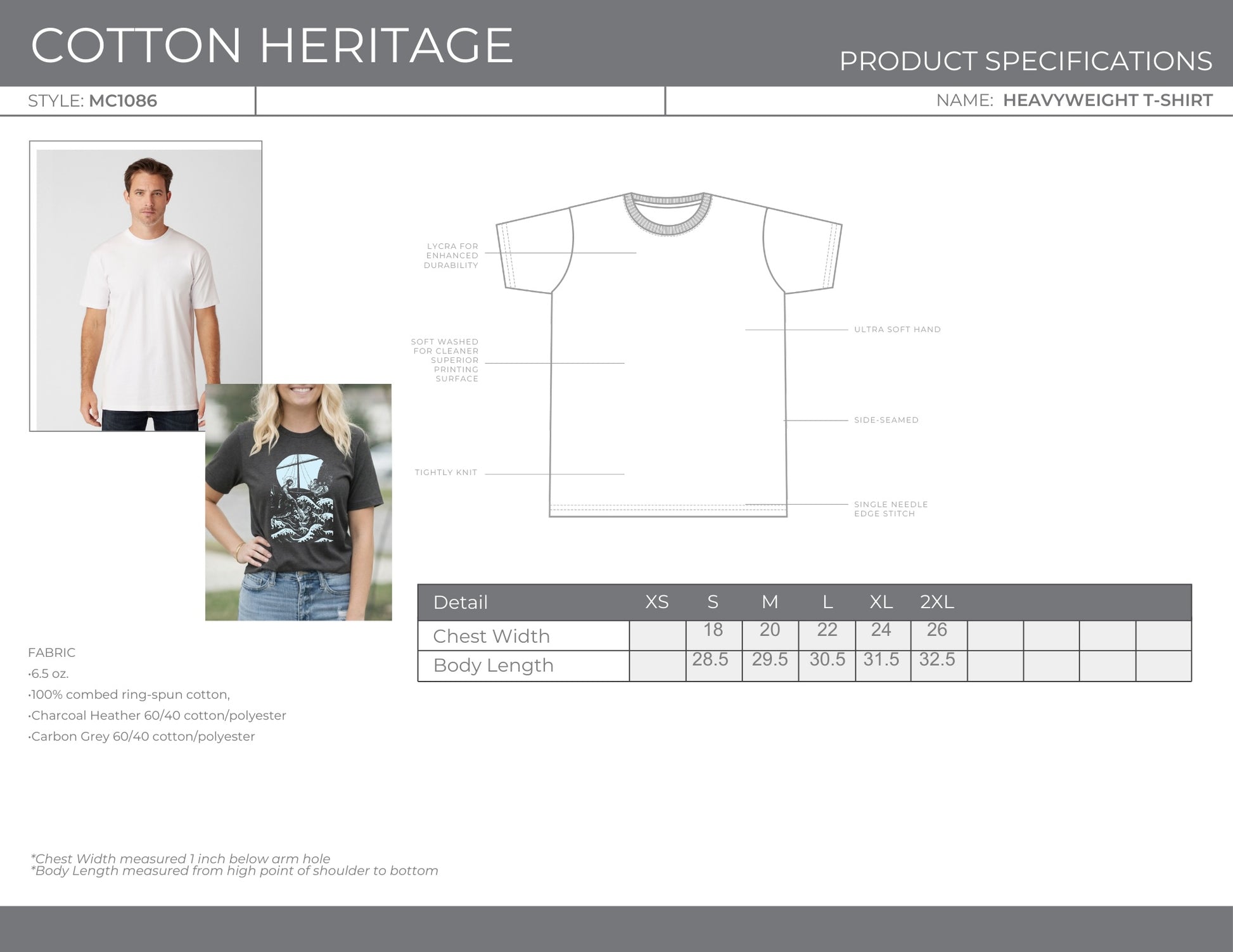 Size chart for Second Born Art Walk on Water Reach heavyweight t-shirt showing chest width and body length measurements S–2XL