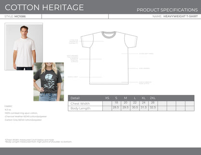 Size chart for Second Born Art Walk on Water Reach heavyweight t-shirt showing chest width and body length measurements S–2XL