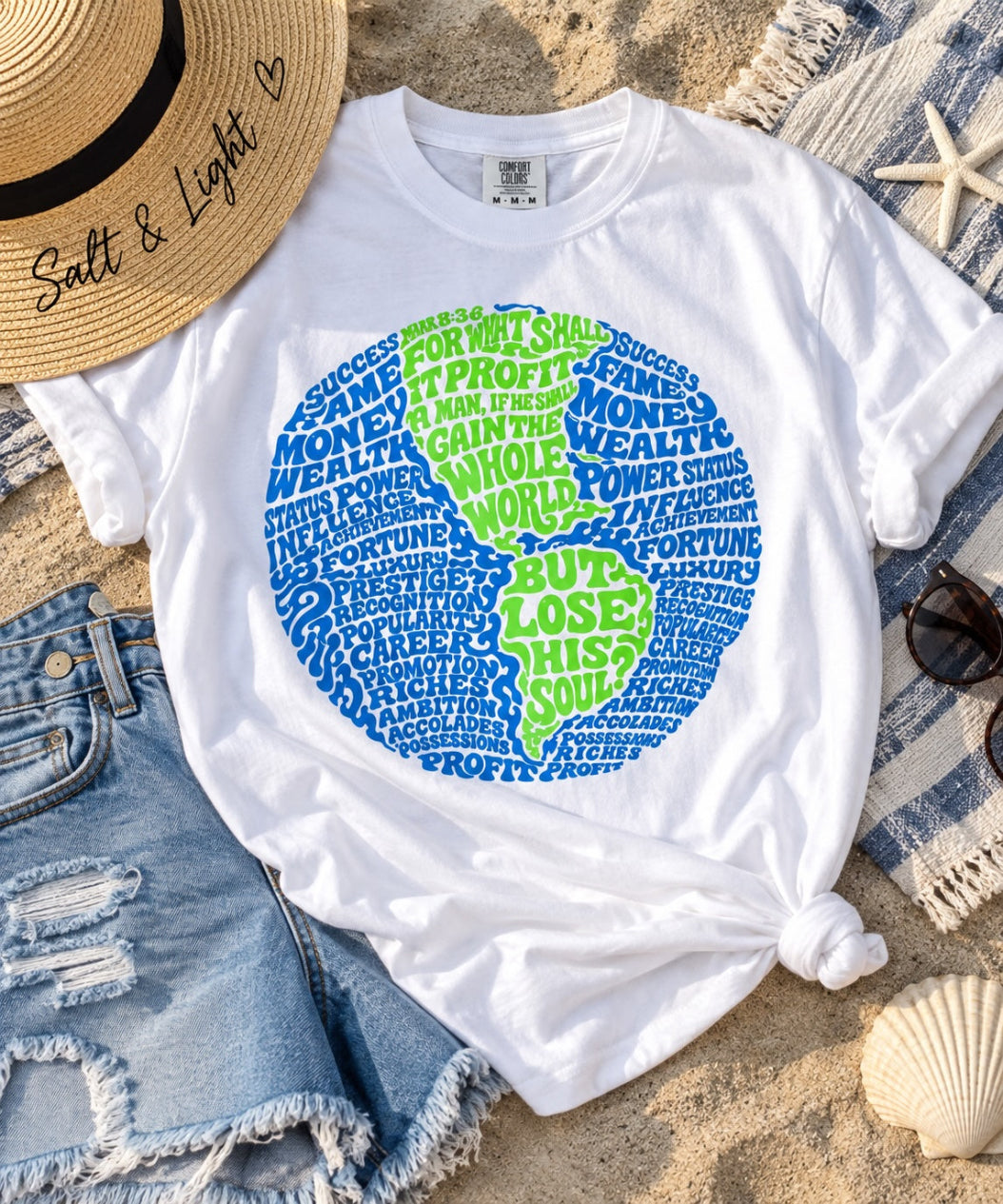 What Does It Profit Christian t-shirt styled with denim shorts and beach accessories