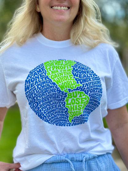Woman wearing What Does It Profit Mark 8:36 Christian t-shirt on white Comfort Colors tee